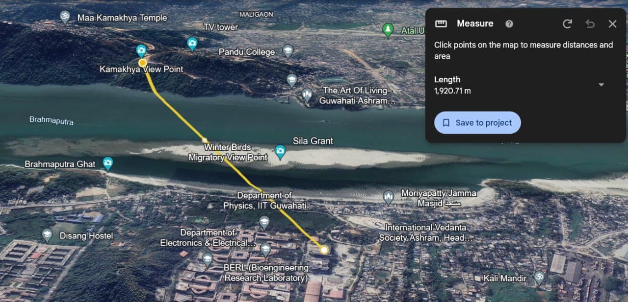 Brahmaputra river aerial map showing IIT Guwahati LoRa link distance
